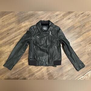 UGG WOMEN LEXINGTON II Lambskin LEATHER BIKER JACKET COAT BLACK Sz Lg EUC